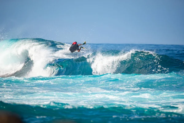 Surfař Akci Velký Vlně Lanzarote Kanárské Ostrovy — Stock fotografie