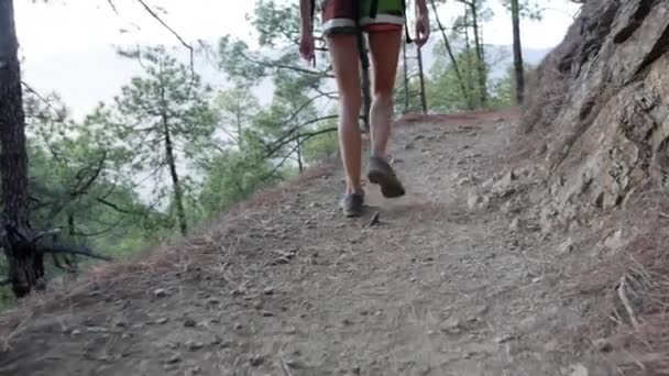 Jovem mulher ativa caminhando ao longo da bela floresta verde Taburiente National Park — Vídeo de Stock