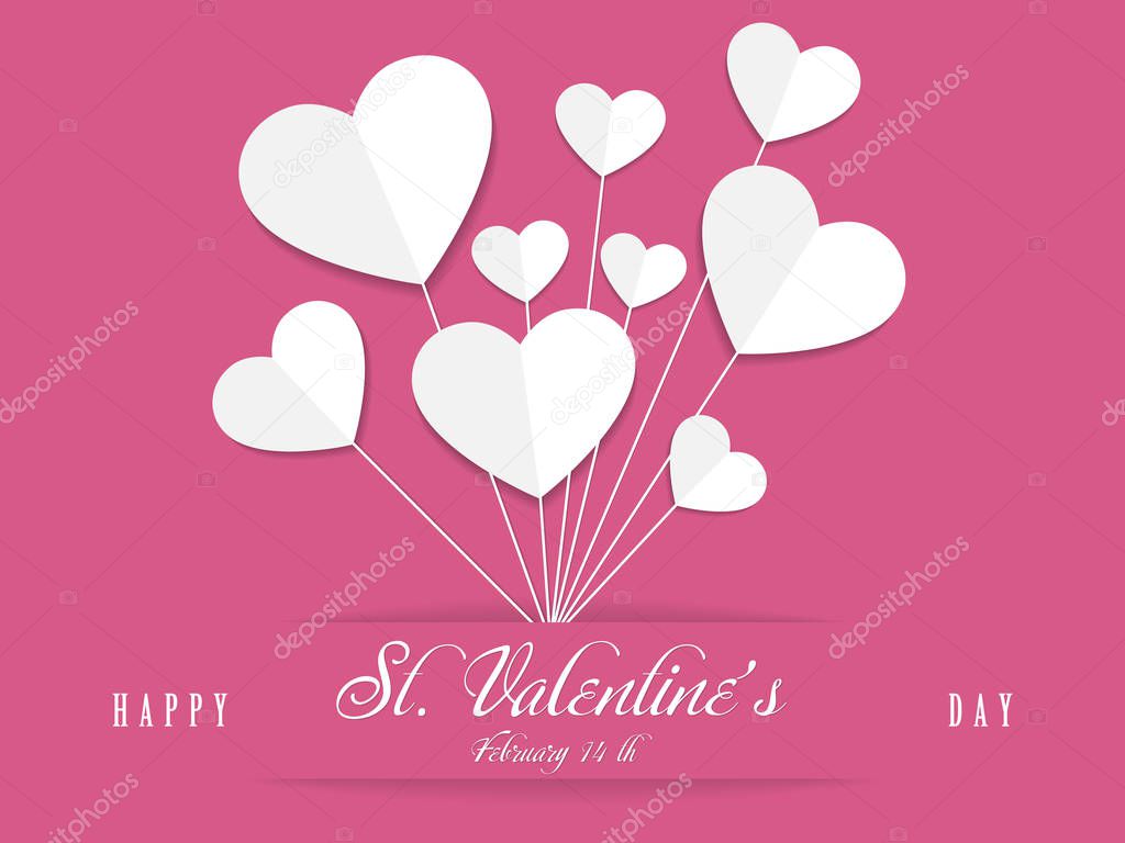St. Valentines, February 14th greeting card with pink background, paper heart balloons vector illustration