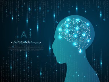AI beyin düşük poli robot resim. Vektör poligonal tel kafes closeup cep telefonu ile adam el ve parmak ile degrade mavi perde. İllüstrasyon koyu mavi ikili kod matris arka plan