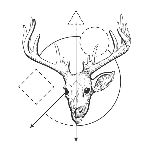 Tangan rusa Vektor menggambar tengkorak kepala dan gambar wajah pada latar belakang putih dengan segitiga geometris, lingkaran, persegi panjang - Stok Vektor