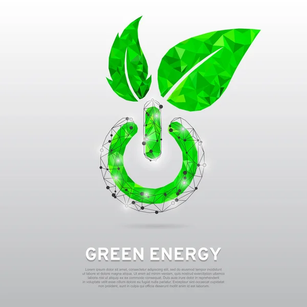 エコロジー、エコ フレンドリーな自然なビジネスや製品、灰色の背景に緑の低ポリのベクトル図抽象的なコンセプト アートのための葉のグリーン環境エネルギー電源ボタン — ストックベクタ