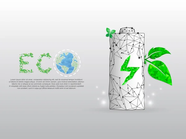 Batterie Chargeant l'énergie ECO, la planète Terre forme des lignes et des triangles pointés avec une feuille verte qui pousse sur fond blanc. Cadre en fil poly bas, illustration vectorielle polygonale — Image vectorielle