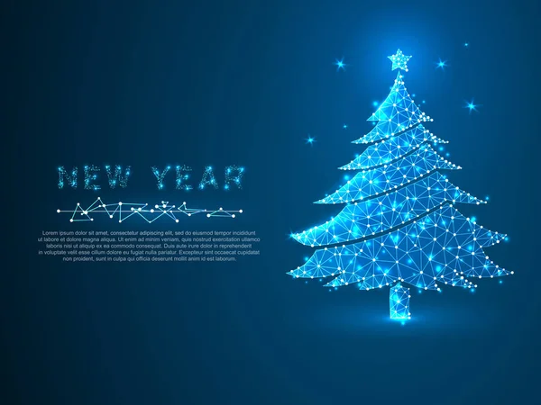 New year tree made from lines, triangles, point connecting network on blue background. Holiday wireframe concept. Low-poly Vector polygonal illustration — Stock Vector