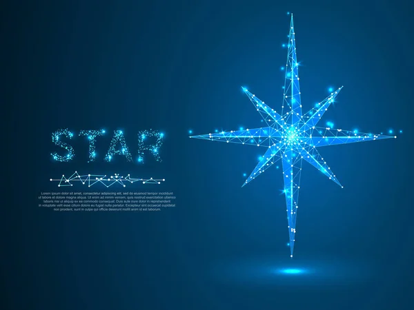 Polar Volumetric star with eight rays. Polygonal space low poly with connecting dots and lines. Star in the sky concept. Connection wireframe structure. Vector on dark blue background — Stock Vector