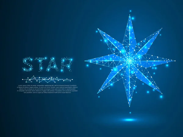 Volumetric star with eight rays. Polygonal space low poly with connecting dots and lines. Star in the sky concept. Connection wireframe structure. Vector on dark blue background — Stock Vector