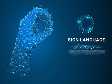 İşaret dili O mektup, Ok parmak sinyal anlaşması. insan eli 3D düşük poli modeli. Neon Çokgen alanı düşük poli. İnsanlar sessiz iletişim. Bağlantı tel kafes. Vektör koyu mavi zemin üzerine