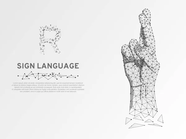 Origami Sign language R letter, Fingers crossed. Superstition, luck, white lie gesture 3d low poly model of human hand. People silent communication. Connection wireframe. Vector on white background — Stock Vector