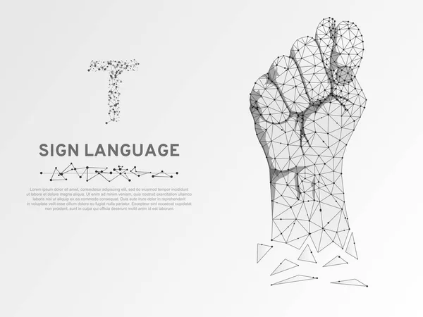 Origami Sign language T letter, Russian Sing Dulya Figa Shish Kukish gesture. Polygonal space low poly style. Deaf people silent communication. Connection wireframe. Vector on white background — Stock Vector