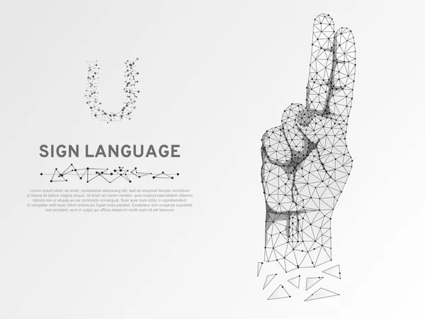 Origami Sign language U letter, hand with two fingers pointing up. Polygonal low poly style. Deaf People silent communication alphabet. Connection wireframe. Isolated Vector on white background — Stock Vector