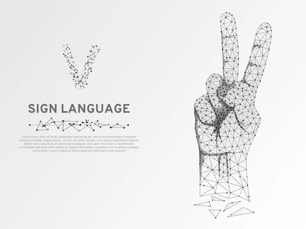 Origami Sign language V letter, two fingers pointing up hand in peace or victory symbol, Polygonal low poly. Deaf People silent communication alphabet. Connection wireframe. Vector on white background — Stock Vector