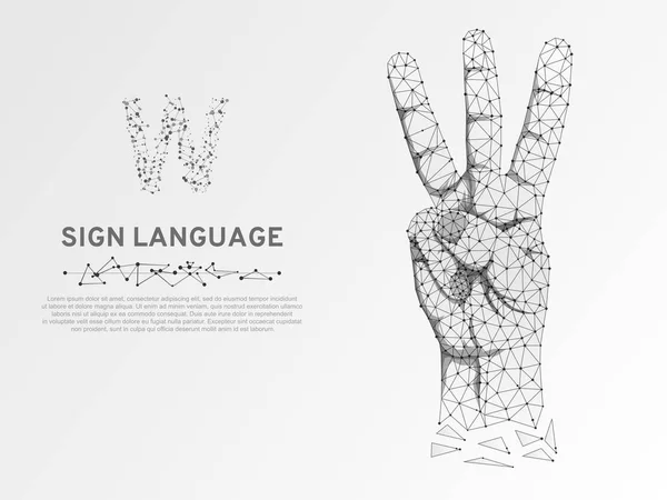 Origami Sign language V letter, hand with three fingers pointing up gesture, Polygonal low poly. Deaf People silent communication alphabet. Connection wireframe. Vector on white background — Stock Vector