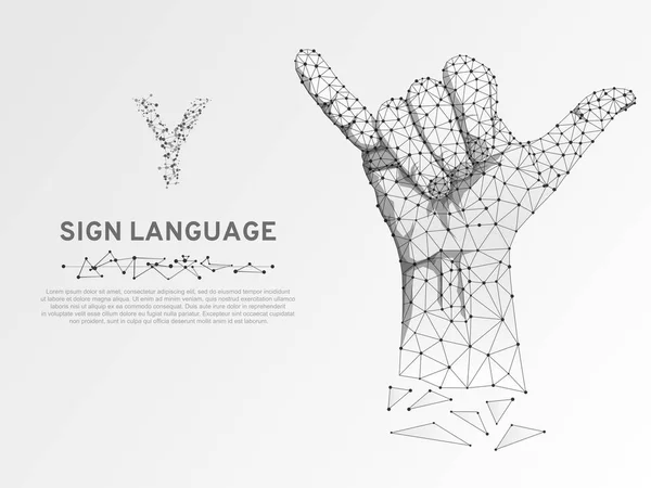 Origami Sign language Y letter, two fingers pointing up, hand showing Yes gesture, Polygonal low poly. Deaf People silent communication alphabet. Connection wireframe. Vector on white background — Stock Vector