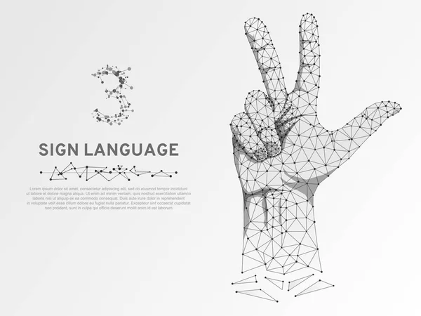 Origami style Sign language number three gesture, human hand showing three fingers, Polygonal low poly illustration. Deaf People silent communication alphabet. Wireframe Vector 3 on white background — Stock Vector