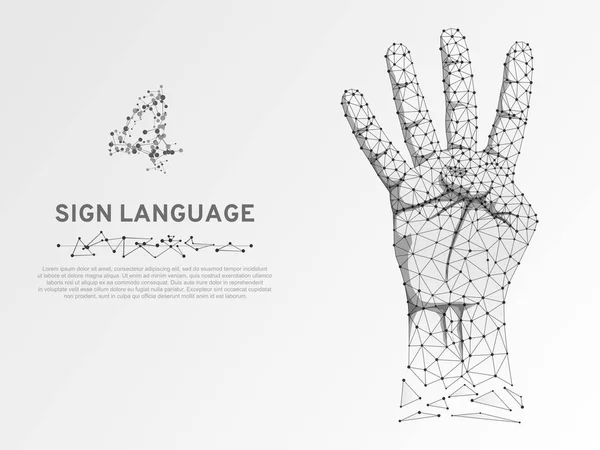 Origami style Sign language number four gesture, human hand showing four fingers. Polygonal low poly illustration. Deaf People silent communication alphabet. Wireframe Vector 4 on white background — Stock Vector