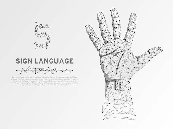 Origami style Sign language number five gesture, human hand showing five fingers. Polygonal low poly high five, succes teamwork. Deaf People silent communication alphabet. Wireframe Vector 5 on white — Stock Vector