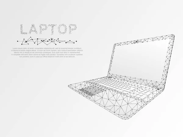 Laptop. Modelo de poli bajo de un cuaderno. Conexión con marco de alambre. Internet o dispositivos digitales y teclado y monitor de computadora para texto o imagen. Vector sobre fondo blanco — Vector de stock