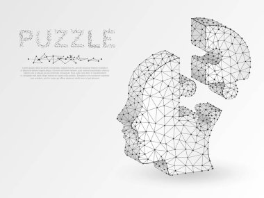 Origami stil yapboz 3d siluet kafa. İş Infographic sunumu. Çokgen bağlantı ile tel kafes şeklinde insan kafası düşük poli modeli. Vektör otizm veya Down sendromu kavramı