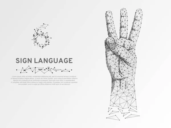 Origami style Sign language number six gesture, hand with three fingers pointing up. Polygonal low poly. Deaf People silent communication alphabet. Connection wireframe. Vector 6 on white background — Stock Vector
