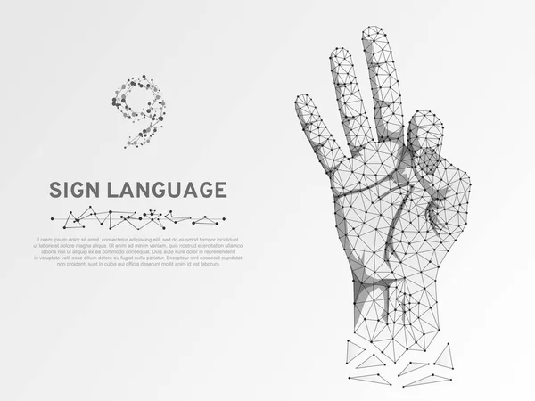 Origami style Sign language number nine, fillip, flick, finger kick, ok, yes gesture. Polygonal low poly. Deaf People silent communication alphabet. Connection wireframe. Vector 9 on white background — Stock Vector