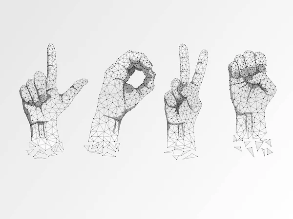 Love Sign language Ok, peace, victory agreement gesture. 3d low poly model of human hand. Origami style Polygonal space low poly. Silent communication. Connection wireframe. Vector on white background