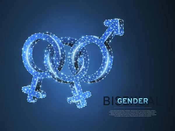 Bisexual pride, people symbol. Wireframe digital 3d illustration. Low poly, man and two women bisexuality concept on blue background. Abstract Vector polygonal neon LGBT sign. RGB color mode — Stock Vector