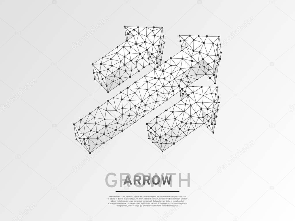 Arrow growth, success, team work sign. Three arrow goes up wireframe digital 3d illustration. Low poly colaboration concept with lines, dots on white background. Vector origami style polygonal RGB