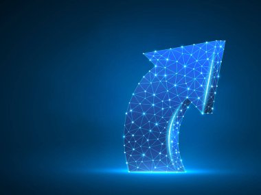 Ok büyüme, başarı, takım iş soyut işareti. Bir ok tel kafes dijital 3d illüstrasyon kadar gider. Düşük Poli işbirliği kavramı çizgiler, noktalar üzerinde mavi arka plan ile. Vektör neon poligonal Rgb
