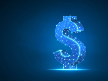 USD Doları tel kafes dijital 3d illüstrasyon. Düşük Poli iş, veri para ve Finans kavramı çizgiler, noktalar ve yıldızlı gökyüzünün mavi arka plan ile. Vektör poligonal neon para sembol Rgb