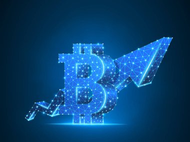 Büyüme ok Bitcoin grafik tel kafes dijital 3d illüstrasyon. Düşük Poli iş, başarı, veri nakit, finans kavramı. Çizgiler, noktalar üzerinde mavi arka plan. Vektör poligonal neon cryptocurrency işareti