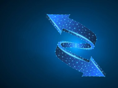 Kavşak yön iki yolları ok tel kafes dijital 3d illüstrasyon soyut. Düşük Poli crossway kavramı çizgiler, noktalar, yıldızlı gökyüzü mavi arka plan ile. Vektör neon işareti yukarı ve aşağı çokgen