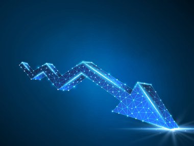 Düşüş trendi ok grafiği. İş teknolojik poligonal Pazar vektör neon çizim. Düşük Poli eğilim, veri nakit, finans kavramı. Bağlantı çizgileri, noktalar, tel kafes yapısı mavi zemin üzerine mesh