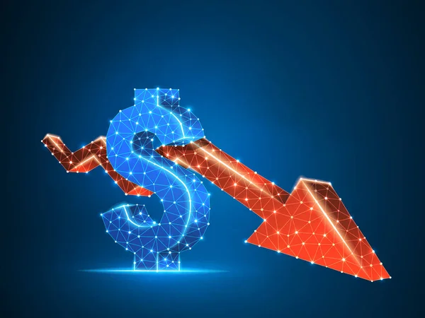 Gráfico de flecha de tendencia descendente. Negocio Poligonal tecnológico USD dólar Vector neón ilustración. Bajo éxito de poli, dinero en efectivo de datos, concepto de finanzas. Estructura de malla de alambre de conexión sobre fondo azul en RGB — Archivo Imágenes Vectoriales