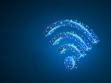 Kablosuz Wi-Fi sembolü soyut Neon 3D illüstrasyon. Bağlantı, internet, yönlendirici Çokgen vektör iş kavramı. Düşük Poly tel kafes, geometri üçgen, çizgiler, noktalar, mavi arka planda çokgenler