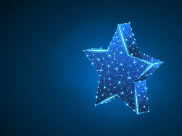 Estrella volumétrica 3d con cinco rayos. Espacio poligonal polivinílico bajo con puntos de conexión y líneas. Estrella en el cielo concepto. Estructura del marco de conexión. Ilustración vectorial de neón sobre fondo azul oscuro — Vector de stock