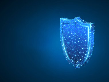 Güvenlik kalkanı soyut Neon 3D illüstrasyon. Güvenlik, veri koruma poligon vektör iş kavramı. Düşük Poly tel kafes, geometri üçgen, çizgiler, noktalar, mavi arka planda çokgenler