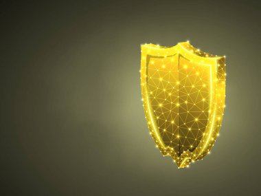 Güvenlik kalkanı soyut altın 3D illüstrasyon. Güvenlik, veri koruma poligon vektör iş kavramı. Düşük Poly tel kafes, geometri üçgen, çizgiler, noktalar, renkli arka planda çokgenler