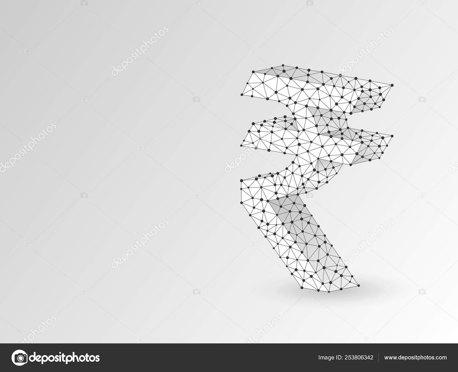 卢比货币符号, 数字折纸3d 插图。多边形向量印度货币符号。业务、数据现金、财务概念。白色背景上的低聚线框、三角形、线、点、多边形图库矢量图©nosferatys1989@gmail.com  253806342