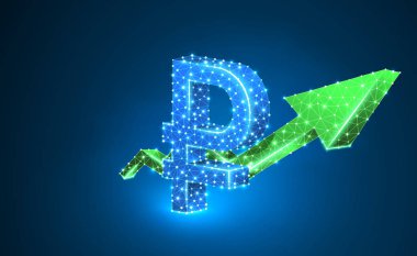 Büyüme yeşil ok, Rus Rublesi döviz işareti, dijital neon 3d illüstrasyon. Çokgen Vektör iş başarısı, veri nakit, finans kavramı. Düşük poli tel kafes, üçgen, çizgiler, nokta. Mavi arka plan
