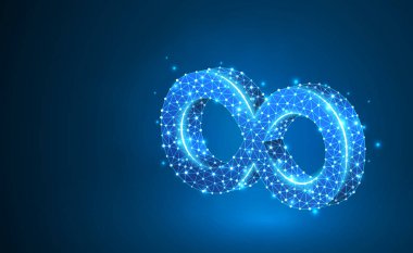 Mobius şerit halka sonsuzluk kutsal geometri. Dijital tel kafes düşük poli örgü, vektör neon 3d illüstrasyon. Soyut sonsuz, sonsuz yapı kavramı. Mavi arka plan üzerinde üçgenler, çizgiler, nokta