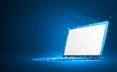 Dizüstü bilgisayar, çokgenlerden oluşan dizüstü bilgisayar. İnternet, cihazlar, bilgisayar sembolü. Soyut, dijital, tel kafes, düşük poli örgü, vektör neon 3d illüstrasyon. Üçgenler, çizgiler, nokta, mavi arka plan üzerinde yıldızlar