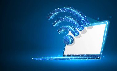 Dizüstü bilgisayar, wi-fi, dizüstü bilgisayar sembolü. Beyaz ekran. Cihazlar, kablosuz bağlantı, internet konsepti. Soyut, dijital, tel kafes, düşük poly örgü, vektör mavi neon 3d illüstrasyon. Üçgen, çizgi, nokta, yıldız