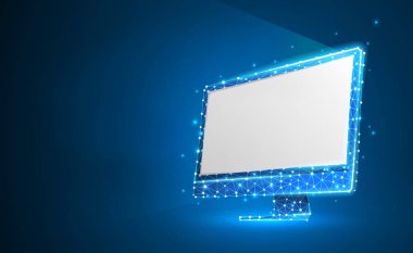 Çokgenlerden oluşan bilgisayar monitörü. İnternet, cihazlar, beyaz perde konsepti. Soyut, dijital, tel kafes, düşük poli örgü vektör neon 3d illüstrasyon. Üçgenler, çizgiler, noktalar, yıldızlar. Mavi arka plan