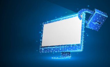 Bilgisayar monitörü, güvenlik kilidi sembolü. Beyaz ekran. Cihazların korunması, şifre, gizlilik kavramı. Soyut, dijital, tel kafes, düşük poly örgü, vektör mavi neon 3d illüstrasyon. Üçgen, çizgi, nokta
