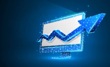 Ok yukarı sembolü olan bilgisayar monitörü. Beyaz ekran. Cihaz, büyüme, başarı, ekran konsepti. Soyut, dijital, tel kafes, düşük poly örgü, vektör mavi neon 3d illüstrasyon. Üçgen, çizgi, nokta, yıldız