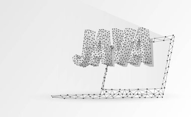 JAVA coding language on notebook screen. Device, programming, developing concept. Abstract, digital, wireframe, low poly mesh, vector white origami 3d illustration. Triangle, line, dot, star clipart svg vector 
