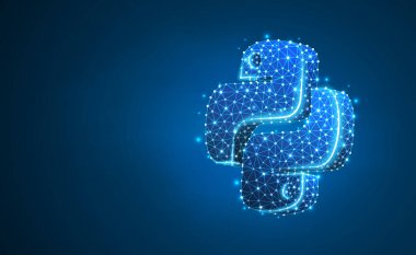 Python kodlama dil işareti. Cihaz, programlama, gelişmekte olan kavram. Soyut, dijital, tel kafes, düşük poly örgü, vektör mavi neon 3d illüstrasyon. Üçgen, çizgi, nokta, yıldız