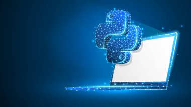 Python beyaz not defteri ekranında dil işareti kodlama. Cihaz, programlama, gelişmekte olan kavram. Soyut, dijital, tel kafes, düşük poly örgü, vektör mavi neon 3d illüstrasyon. Üçgen, çizgi, nokta, yıldız