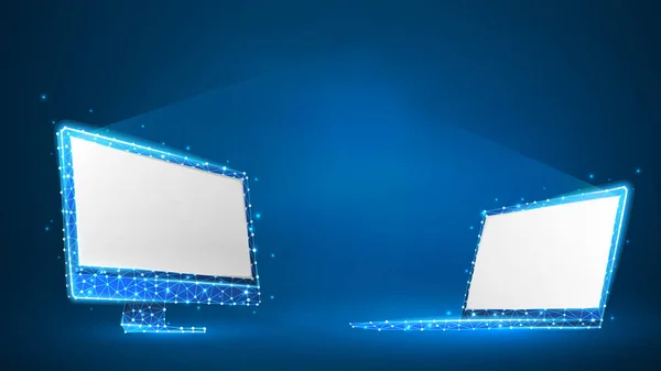 Laptop-en computer monitoren samengesteld uit veelhoeken. Elektronische apparaten met wit scherm. Abstract, digitale, wireframe, laag poly mesh vector blauw neon 3D illustratie. Driehoeken, lijnen, stippen, sterren — Stockvector