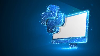 Beyaz bilgisayar monitöründe Python kodlama dil işareti. Cihaz, programlama, gelişmekte olan kavram. Soyut, dijital, tel kafes, düşük poly örgü, vektör mavi neon 3d illüstrasyon. Üçgen, çizgi, nokta, yıldız